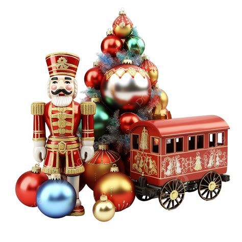 Set Of Christmas Decorations With Nutcracker Toy Train And Balls