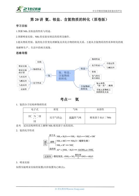 【备考2024】高中化学一轮复习第20讲 氨、铵盐、含氮物质的转化（解析版） 21世纪教育网