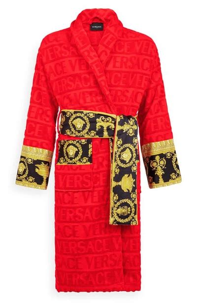 Versace I Love Baroque Logo Jacquard Cotton Bathrobe In Red Modesens