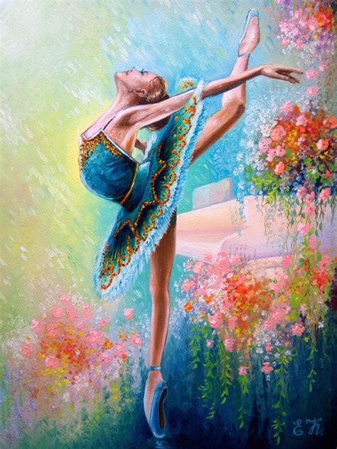 A Painting Of A Ballerina In Blue And Pink Dress With Flowers Around