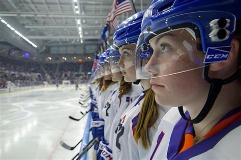 Young Female Hockey Players In Uniform And Helmets Looking Ahead With