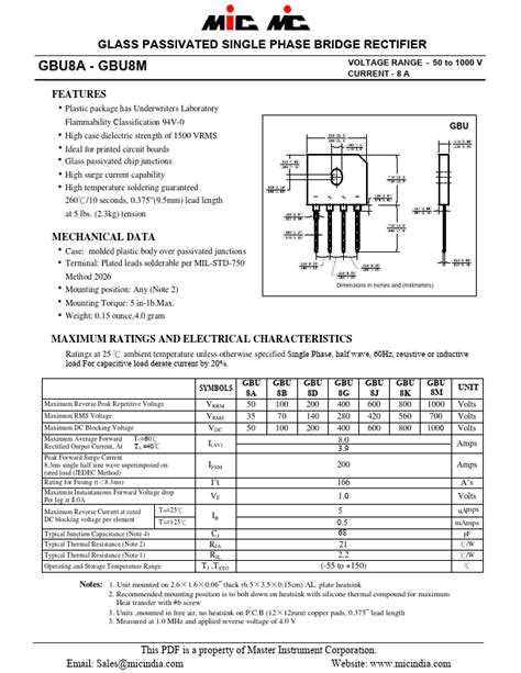 GBU8M Datasheet PDF GLASS PASSIVATED SINGLE PHASE BRIDGE RECTIFIER