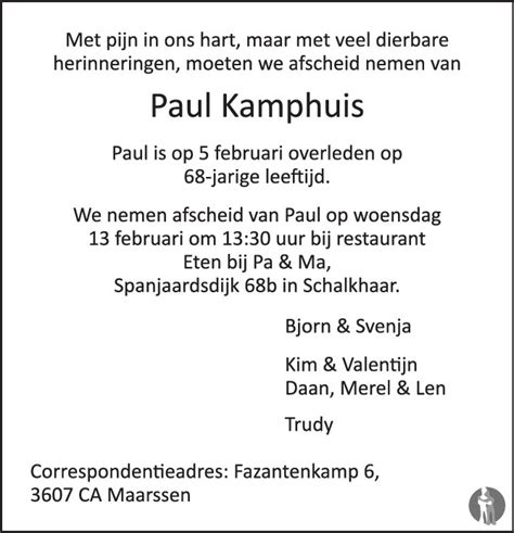 Paul Kamphuis Overlijdensbericht En Condoleances Mensenlinq Nl