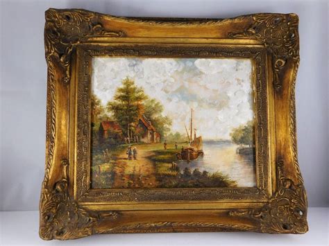 TABLEAU ANCIEN HUILE SUR PANNEAU RIVAGE CAMPAGNARD ANIME CADRE BOIS