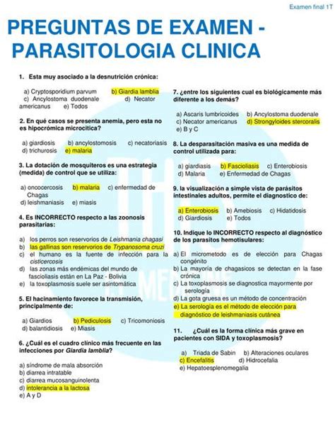 Preguntas Examen De Parasitologia Clinica Resuelto Parasitolog A The