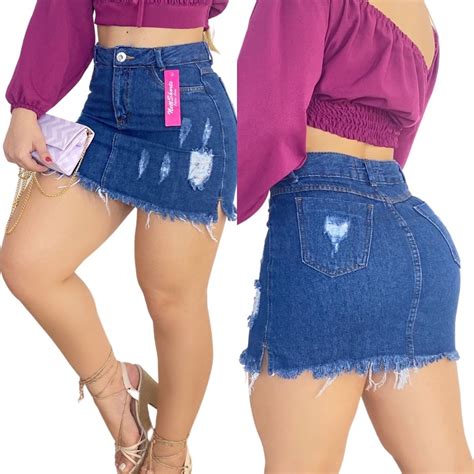 Saia Hot Pants Detonada Jeans Feminina Cintura Alta Destroyed Shopee Brasil