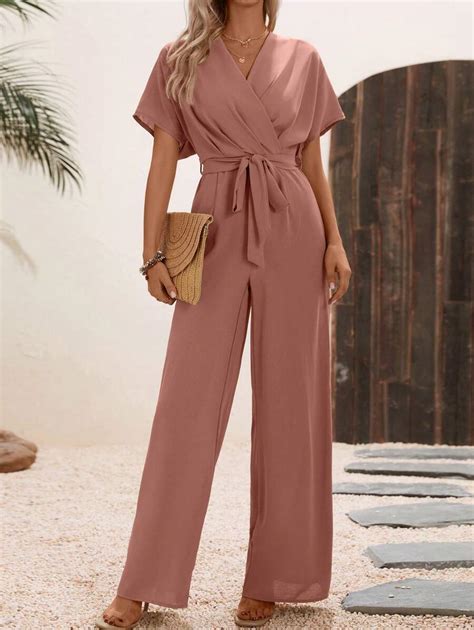 Shein Lune Solid Surplice Neck Belted Jumpsuit Shein Usa