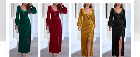 Wenrine Womens Wrap Formal Maxi Dresses Ruched Velvet Long Sleeve Split Cocktail