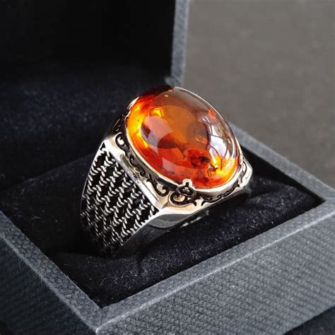 925 Sterling Silver Mens Ring Bakelite Amber Unique Handmade Jewelry Size 11 Etsy Mens