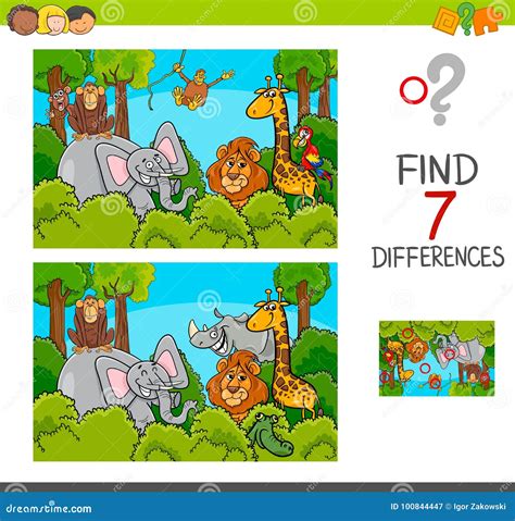 Spot The Differences Game With Wild Animals Stock Vector Illustration