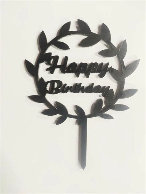 Round Leaf Design Black Acrylic Happy Birthday Cake Topper For Cakes