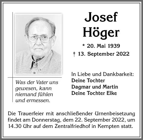 Traueranzeigen von Josef Höger Augsburger Allgemeine Zeitung