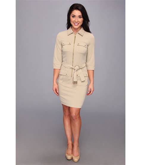 Michael Michael Kors Petite Roll Sleeve Belted Shirt Dress In Natural