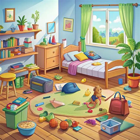 Mess in kids room vector illustration Cartoon messy dirty bedroom of ...