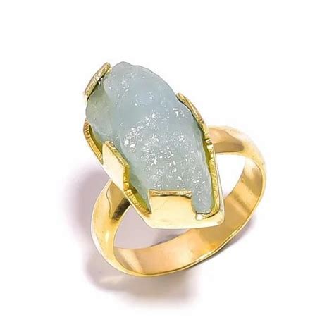 Natural Aquamarine Raw Gemstone K Gold Plated Brass Hammered Ring