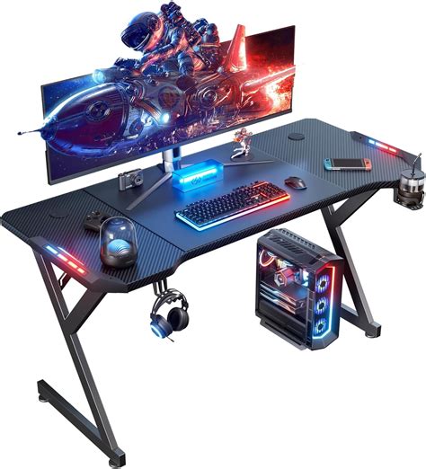 HLDIRECT 47 Inch Gaming Desk With LED Lights Ergonomic Computer Table