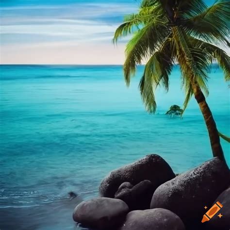 Coconut Tree On A Beach With Rocks On Craiyon