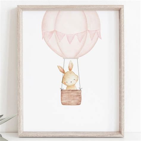 Blush Pink Hot Air Balloon Nursery Print Bunny Print Nursery Etsy