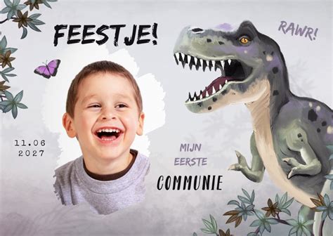 Uitnodiging Communiefeest Jongen T Rex Dino Kaartje Go