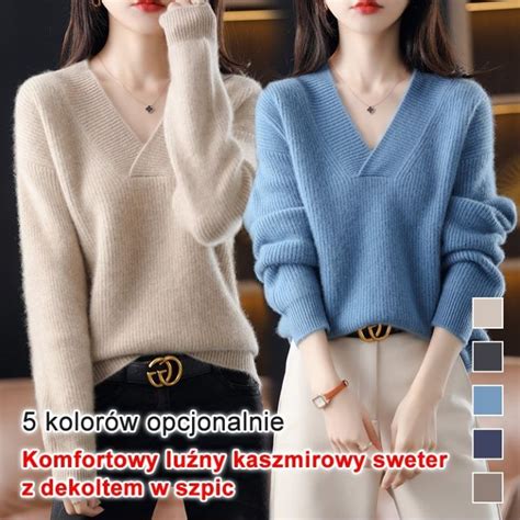 Loose V Neck Cashmere Sweater Pullover Knitted Thickened Sweater Women