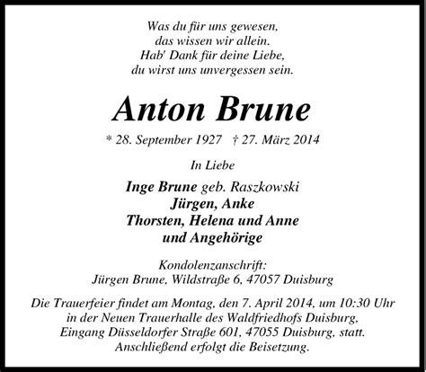 Traueranzeigen Von Anton Brune Trauer In NRW De