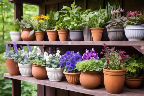 Premium AI Image | A variety of perennials in containers on a wooden shelf