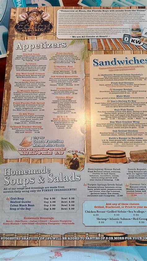 Menu at The Conch Republic Grill, North Redington Beach