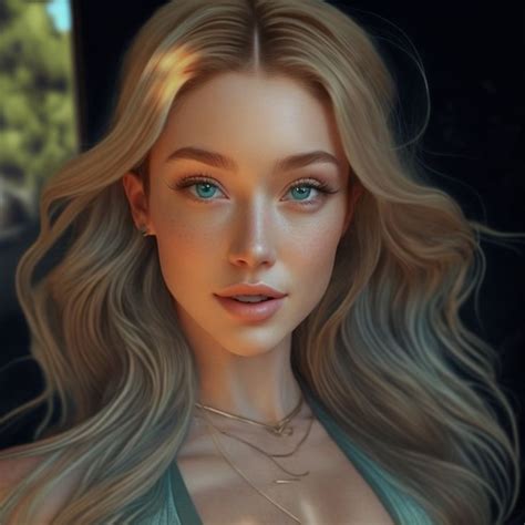 A Digital Painting Of A Woman With Long Blonde Hair And Blue Eyes Looking At The Camera