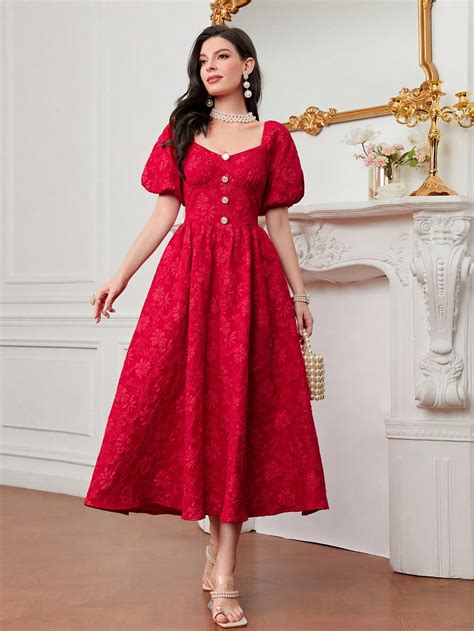 Shein Modely Sweetheart Neck Puff Sleeve Button Front Jacquard Dress