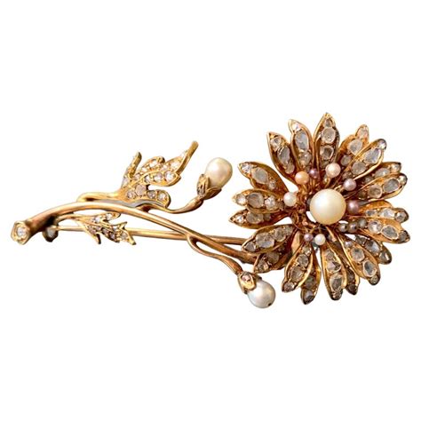 Antique 1870 Flower Brooch Rose Diamond Oriental Pearls 14 Karat Red