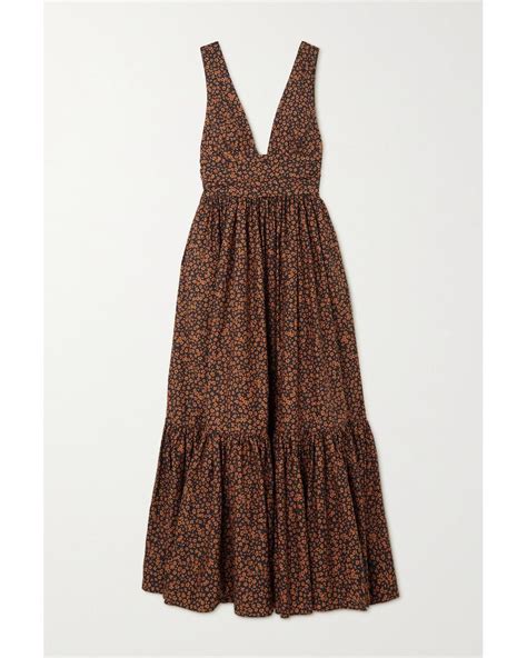 Matteau Tiered Floral Print Cotton Poplin Maxi Dress In Brown Lyst