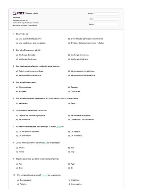 Adverbios Quizizz | PDF | Adverbio | Lingüística 