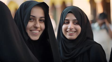 Duas Mulheres Vestindo Hijab E Um Hijab Preto Foto Premium