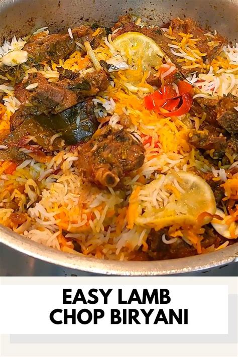 an easy lamb chop biriyani recipe in a skillet with text overlay