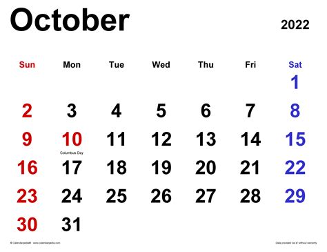 October 2022 Calendar Templates For Pdf Excel And Word