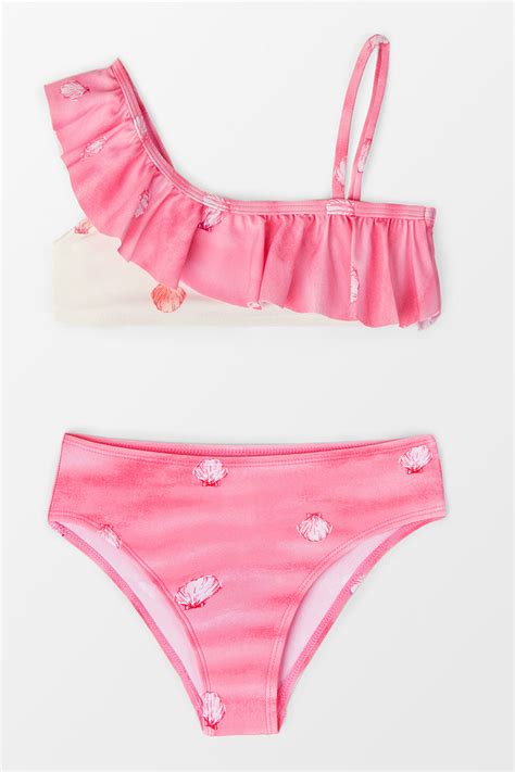 M Dchen Eine Schulter Bikini Mit R Schen Und Muschelprint Cupshe