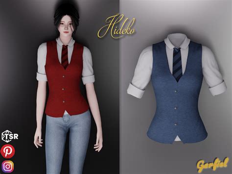 The Sims Resource Hideko Shirt With Rolled Up Sleeves And Tie Vest