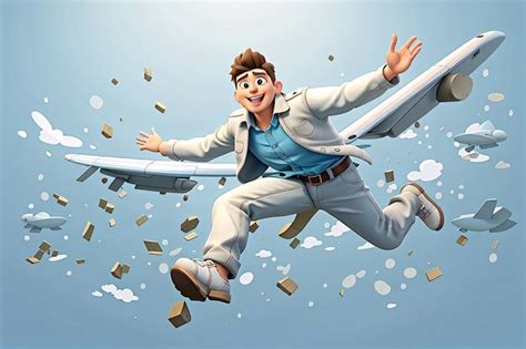 Ilustración 3d hombre volando en el aire como un avión de dibujos