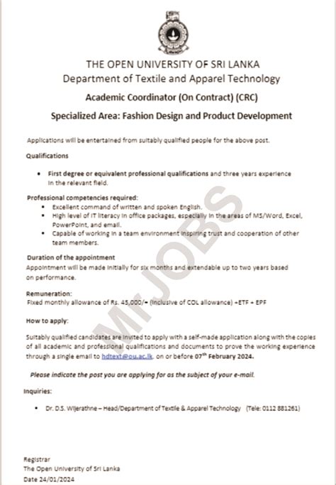 Open University Of Sri Lanka Job Vacancies Academic Coordinator