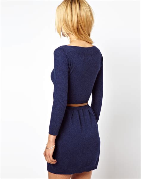 Asos Slash Neck Knitted Dress With Belt In Navy Blue Lyst