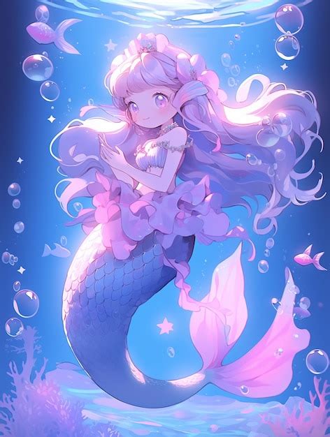 Premium Photo Anime Mermaid With Long Hair And Pink Dress Sitting On A Rock Generative Ai