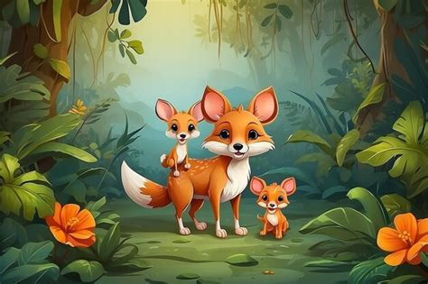 Illustration Of Mouse Deer And Baby Fox Cartoon In The Jungle Premium