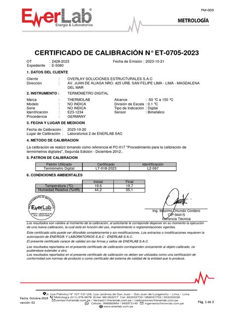 Certificado De Calibración Termómetro Et 0705 2023 Pdf Metrología