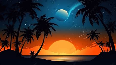 3d Render Of A Tropical Summer Night Silhouettes Of Palm Trees Stars