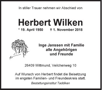 Traueranzeigen Von Herbert Wilken Nordwest Trauer De