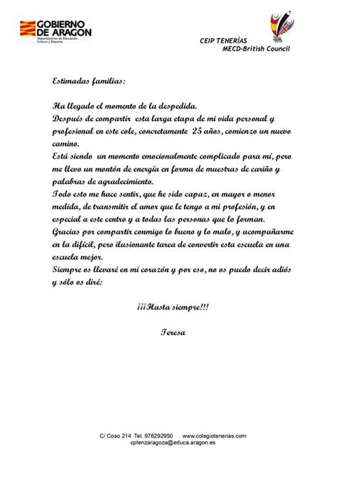 Carta de despedida de la directora AMPA CEIP Tenerías de Zaragoza