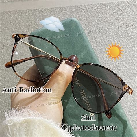 Photochromic Anti Radiation Eyeglasses For Women Transition Metal Frame Shades Uv400 Eyewaer