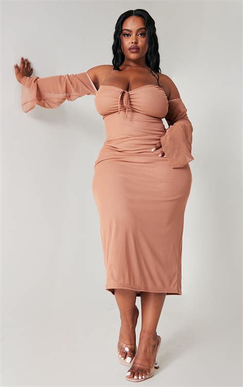 Plus Mauve Mesh Ruched Bust Sleeve Midi Dress Plus Size Prettylittlething Aus