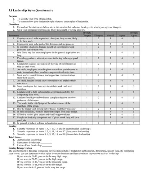 3 1 Leadership Styles Questionnaire Purpose To Identify Your Style