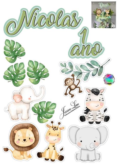 Topo de Bolo Safari Aquarela Decoração safari festa infantil